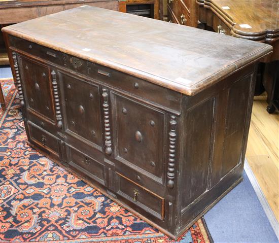 A Charles II oak Mule chest, W.117cm